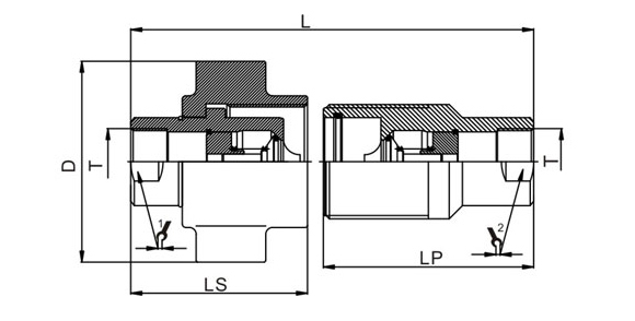Dimensional CAD drawing of CB‑SPS‑3FN‑BE threaded coupling male and female halves